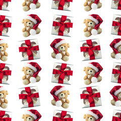 Seamless New Year pattern with gift boxes and cute rat soft toys isolated on a white background. Flat lay Merry Christmas with presents. Tile modern wallpaper. Wrapping paper or fabric texture design.