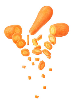 Peeled carrots cutting and falling isolated on a white background