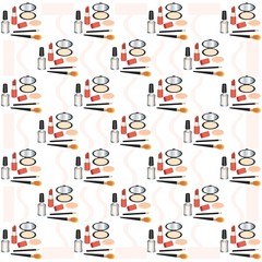 seamless cosmetics pattern on white background. powder, lipstick, concealer, makeup brush, nail Polish