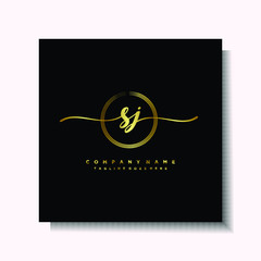 Initial SJ Handwriting logo brush circle template is gold color. Handwriting logo minimalist Gold color luxury