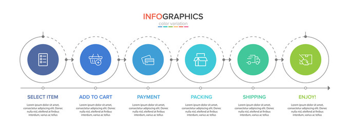 Concept of shopping process with 6 successive steps. Six colorful graphic elements. Timeline design for brochure, presentation, web site. Infographic design layout. - obrazy, fototapety, plakaty