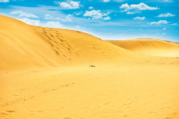Fototapeta na wymiar Desert with sand dunes and clouds on blue sky. Landscape of natural reserve Maspalomas Dunes. Gran Canaria, Spain
