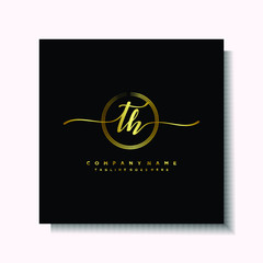 Initial TH Handwriting logo brush circle template is gold color. Handwriting logo minimalist Gold color luxury