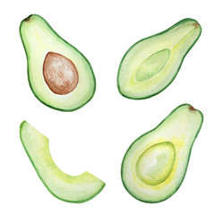 Watercolor set of avocado imiges. Isolated on white background.