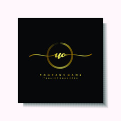 Initial UO Handwriting logo brush circle template is gold color. Handwriting logo minimalist Gold color luxury