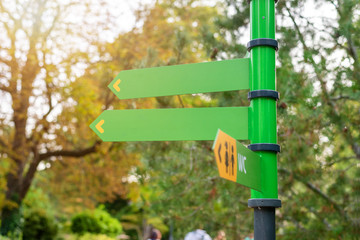 Blank signpost in city park mockup. Trees in background.