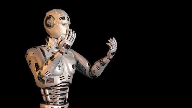 3d rendering of a detailed futuristic robot or android cyborg looking at his hands. Isolated on black background with alpha.