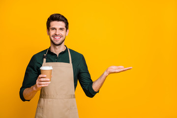 Photo of cheerful trendy stylish handsome attractive man advising you to visit his coffee house...