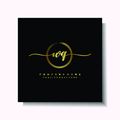 Initial WQ Handwriting logo brush circle template is gold color. Handwriting logo minimalist Gold color luxury