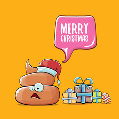 vector funny cartoon cool cute brown smiling poo icon with santa with red hat, christmas gift boxes and speech bubble on orange background. emoji funky christmas character. - Vector
