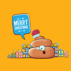 vector funny cartoon cool cute brown smiling poo icon with santa with red hat, christmas gift boxes and speech bubble on orange background. emoji funky christmas character. - Vector