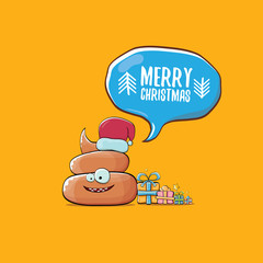 vector funny cartoon cool cute brown smiling poo icon with santa with red hat, christmas gift boxes and speech bubble on orange background. emoji funky christmas character. - Vector
