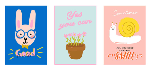 Cute scandinavian characters set including trendy quotes and cool decorative hand drawn elements.