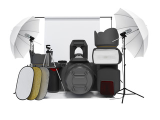 Concept equipment on photo studio 3d rendering on white background no shadow