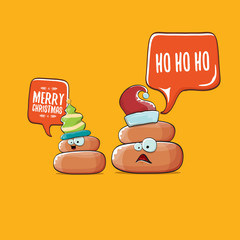 Funky christmas hand drawn greeting card. vector funny cartoon cool tiny brown poo character with santa red and his poo elf friend isolated on orange background,