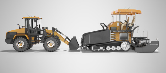 Concept road construction machinery paver construction wheeled tractor 3d rendering on gray background with shadow