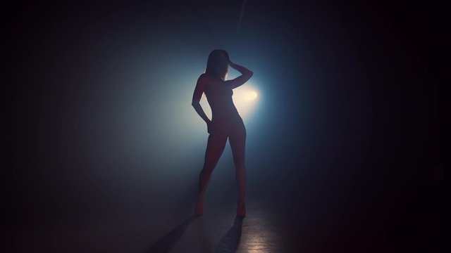 Silhouette of beautiful dancer on smoky dark background.Spotlight shines back against sexy girl. She moving seductively.