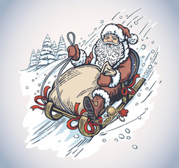 Surprised and scared Santa Claus with gift bag, rides the mountain on a sleigh.