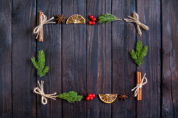 Christmas round, square, rectangular, heart-shaped frame with tree branches, winter things. New Year's Decoration