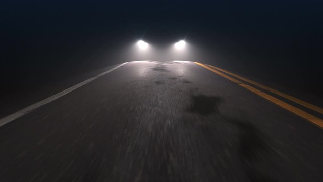 Car with headlights on follows camera tracking along country night road. Car driving down the country road with headlights turned on, seamless loop. Pursuit, chase and follow concept.