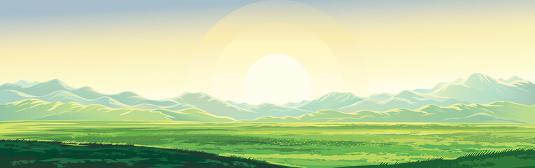 Summer rural mountain landscape, dawn over the valley, elongated format.