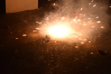 Indian Festival of Lights, Happy Diwali Celebration with illustration of exploding Firecracker on floral chakra