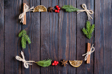Christmas round, square, rectangular, heart-shaped frame with tree branches, winter things. New Year's Decoration