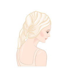 Beautiful woman 30-39 or 40-49 woman with a towel on her head. Hand drawn portrait, vector line art illustration in beige colors.