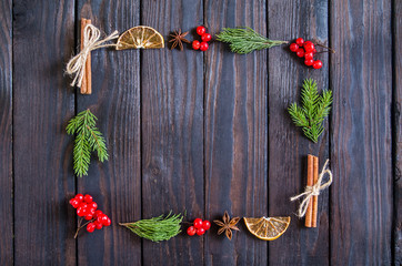 Christmas round, square, rectangular, heart-shaped frame with tree branches, winter things. New Year's Decoration