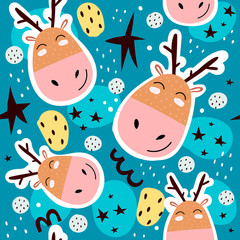 Seamless pattern with cartoon deers, stars, decor elements on a neutral background. vector. Hand drawing for children. animal theme. baby design for print, textile, fabric, wrapper