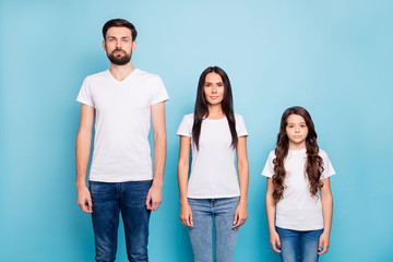 Portrait of focused business businesspeople family ready to solve work problem have brunette long wavy hair wear white t-shirt denim jeans isolated over blue color backgound