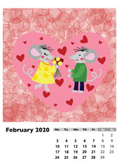 Children calendar 2020 for February, with main hero rat or mouse, a symbol of the new year. The week starts on Monday. Cartoon style digital drawing, raster