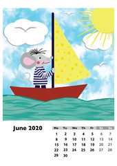 Children calendar 2020 for June, with main hero rat or mouse, a symbol of the new year. The week starts on Monday. Cartoon style digital drawing, raster