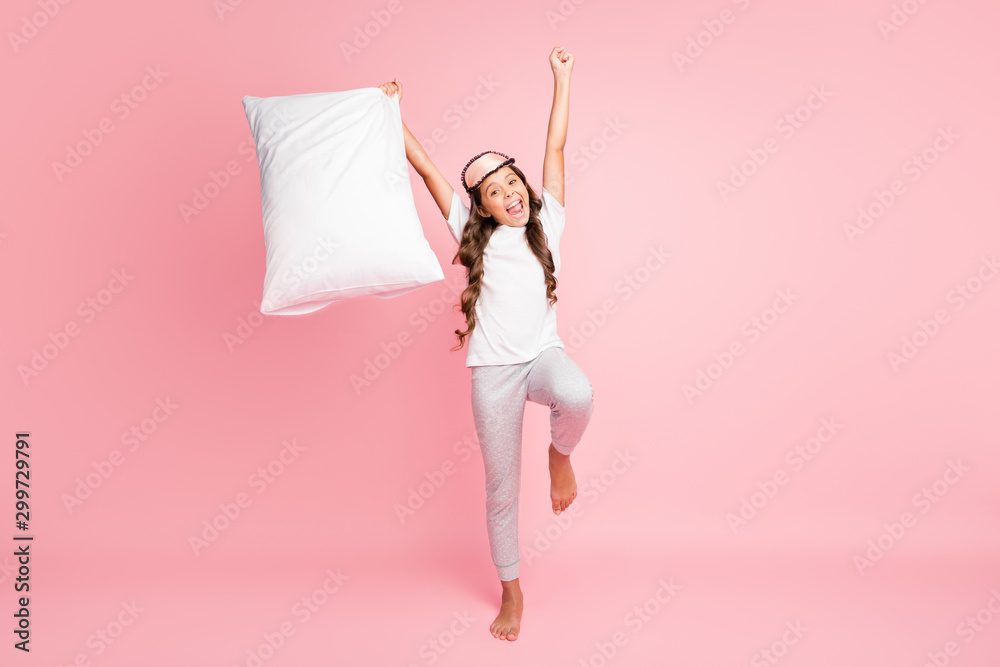 Sticker full length body size photo of cheerful positive hispanic emotional girl raising her hands with pill