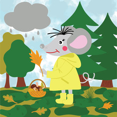 Rat or mouse in the raincoat picking mushrooms, leaves and acorns in the autumn forest. Cartoon style digital drawing for calendar 2020, symbol of new year, raster