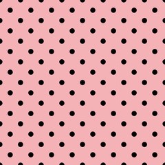 Tile vector pattern with black polka dots on pink background © ingalinder