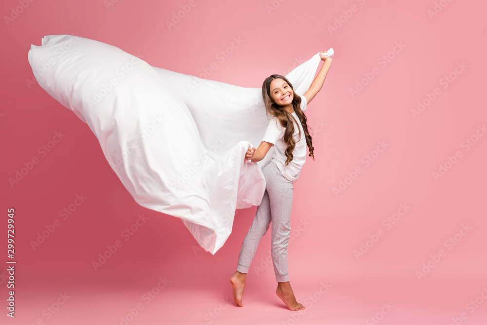 Poster full length body size view of nice attractive cheerful funky wavy-haired pre-teen girl wind blowing 