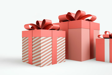 Christmas and New Year's Day , group three red gift boxes ribbon white background 3d rendering