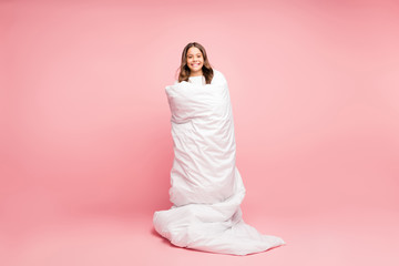 Full length body size view of her she nice attractive cute cheerful cheery wavy-haired pre-teen girl standing wrapped covered in soft white blanket isolated over pink pastel color background - obrazy, fototapety, plakaty