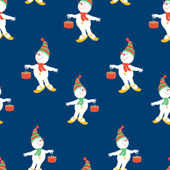 Seamless pattern of christmas cheerful snowmen with gifts