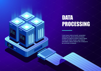 Computation of big data center, information processing, database. internet traffic routing. Server room, cloud storage technology, transmission and exchenge data center, isometric vector