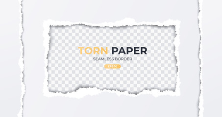Seamless torn ripped paper layered isolated. Rectangular paper scrap. White color. Transparent background. Realistic template. Simple modern design. Flat style vector illustration.
