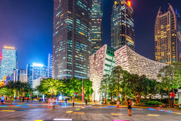 Night view of modern buildings in Guangzhou City Square..
