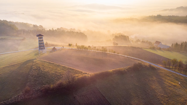Look Out Tower in Brusnik, Ciezkowice. Polish Countryside at Sunrise