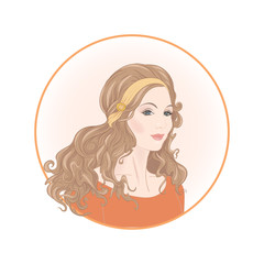 Beautiful woman 30-39 or 40-49 with long hair, hand drawn portrait, vector line art illustration in a circle.