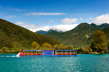 Steam Boat on Emerald Lake Most Na Soci in Slovenia