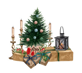Christmas and New Year illustration. Watercolor christmas gifts and presents in craft wrapping paper, Christmas tree and candles.  Handpainted set with pile of gift boxes and evergreen tree .