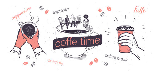 Coffee time illustrations set with human hands holding coffee cup and office people sitting coffee cup isolated on white background. Coffee break, to go concept. Vector sketch doodle style.