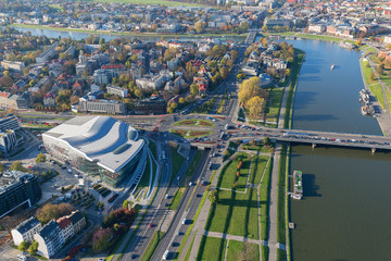 Aerial balloon view of the city, ICE Congress Center, Vistula River and Grunwald Bridge, Krakow, Poland