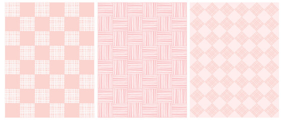 Abstract Geometric Seamless Vector Prints. 3 Various Pink and White Grid Repeatable Prints ideal for Fabric, Textile, Wrapping Paper.  - obrazy, fototapety, plakaty